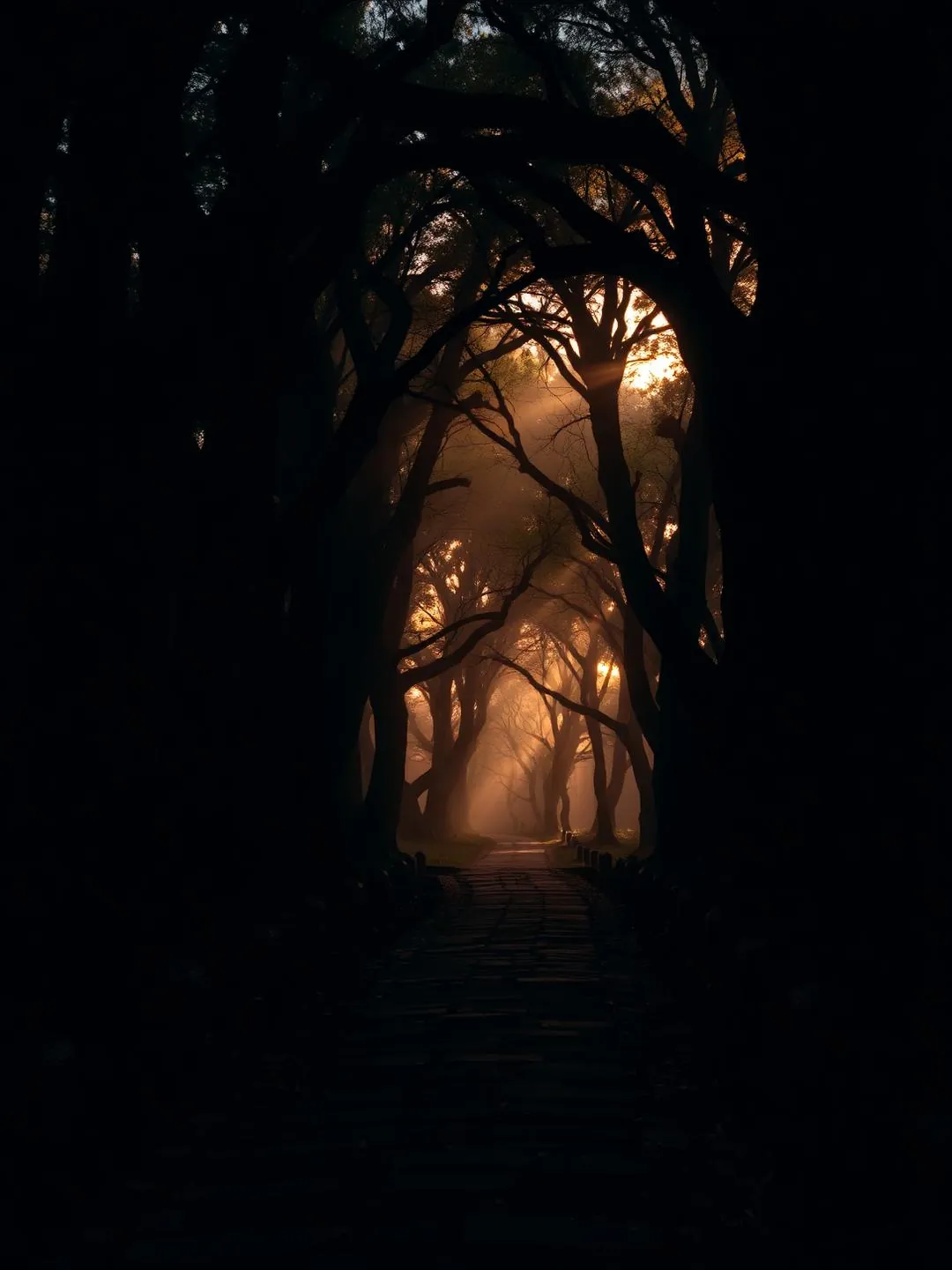 Looking up through a dense forest canopy at twilight, branches silhouetted against fading golden light — the threshold between worlds