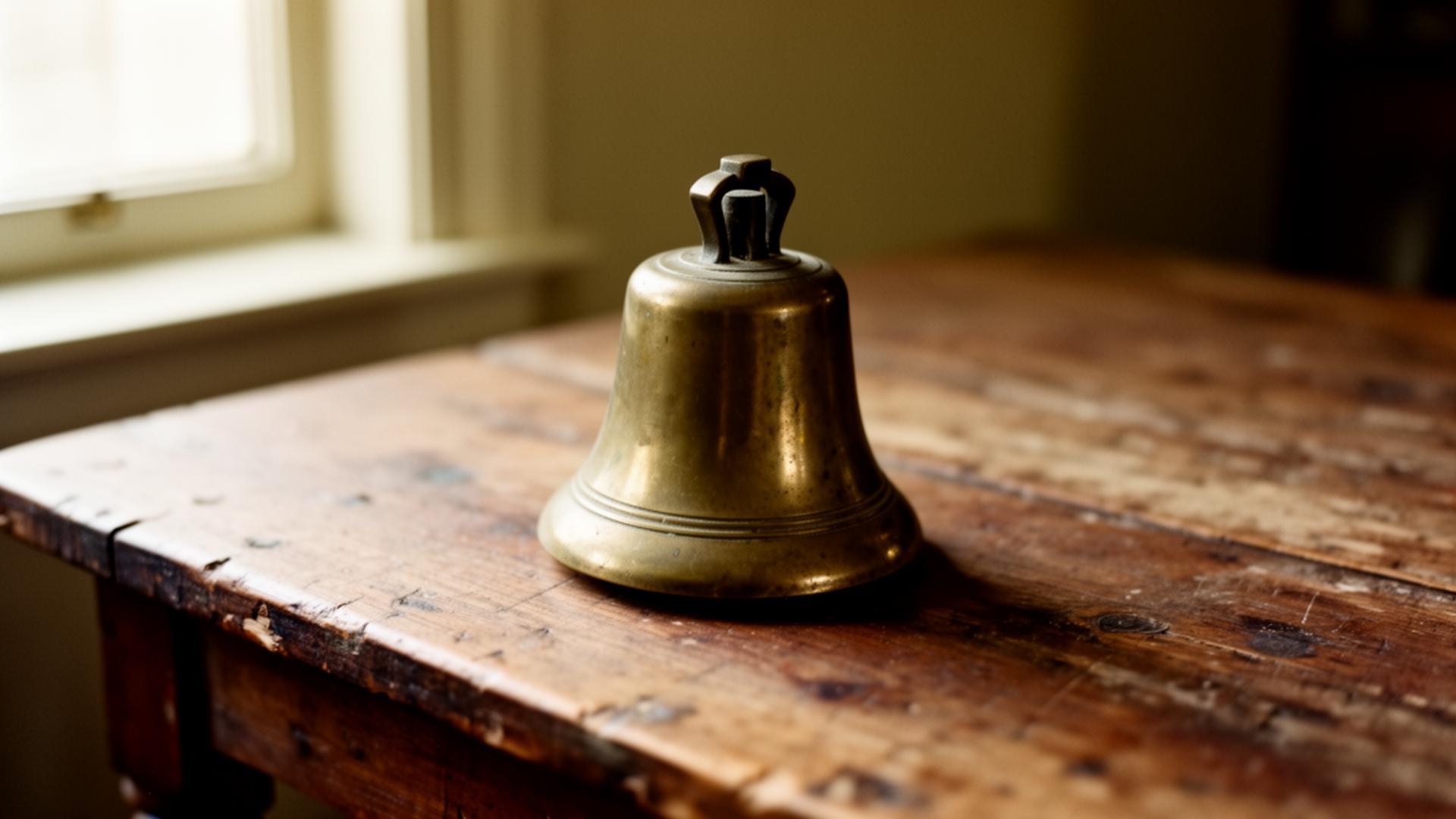 A brass bell resting on a worn wooden table in soft window light