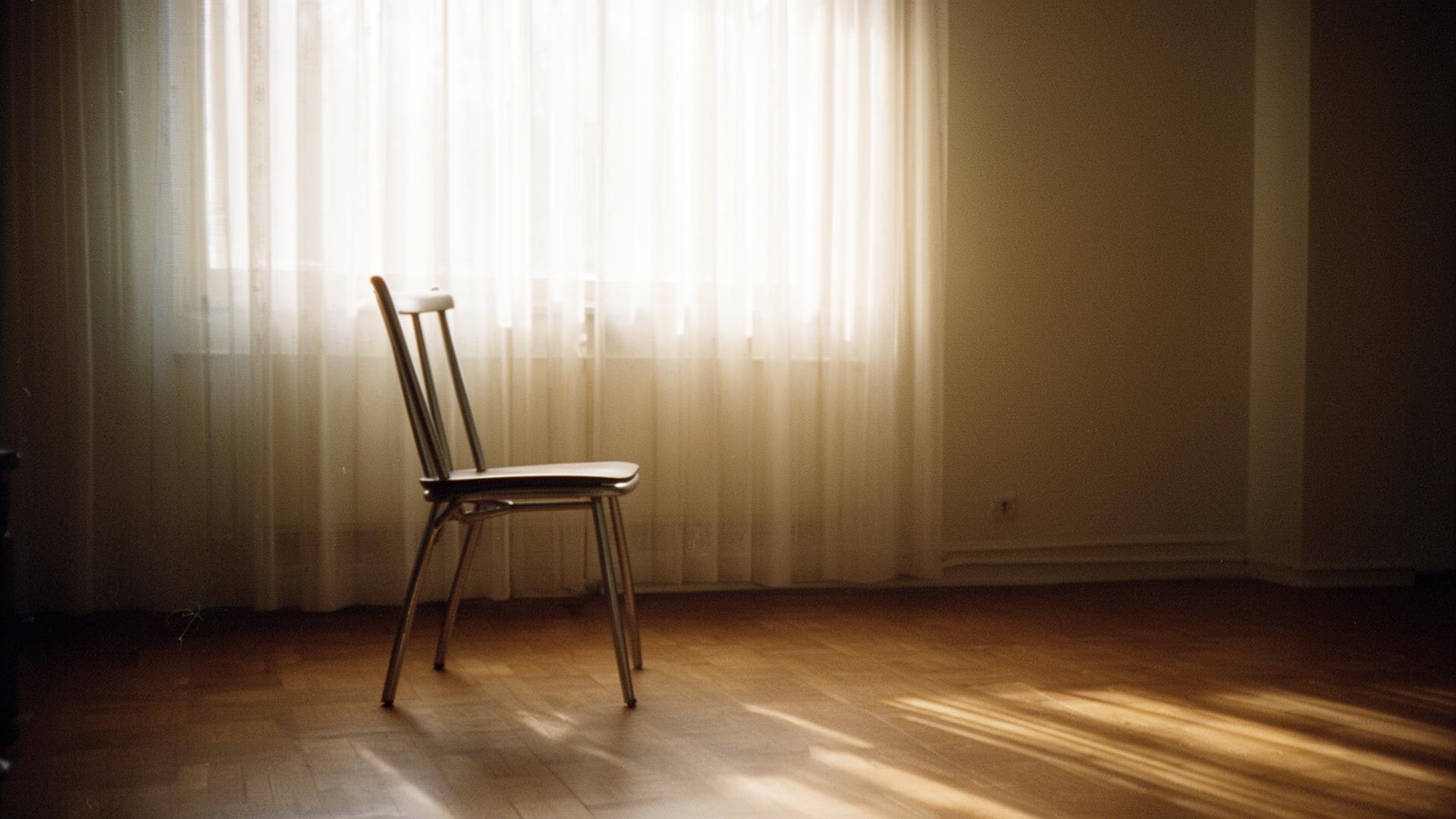 An empty chair by a window with soft morning light streaming through sheer curtains