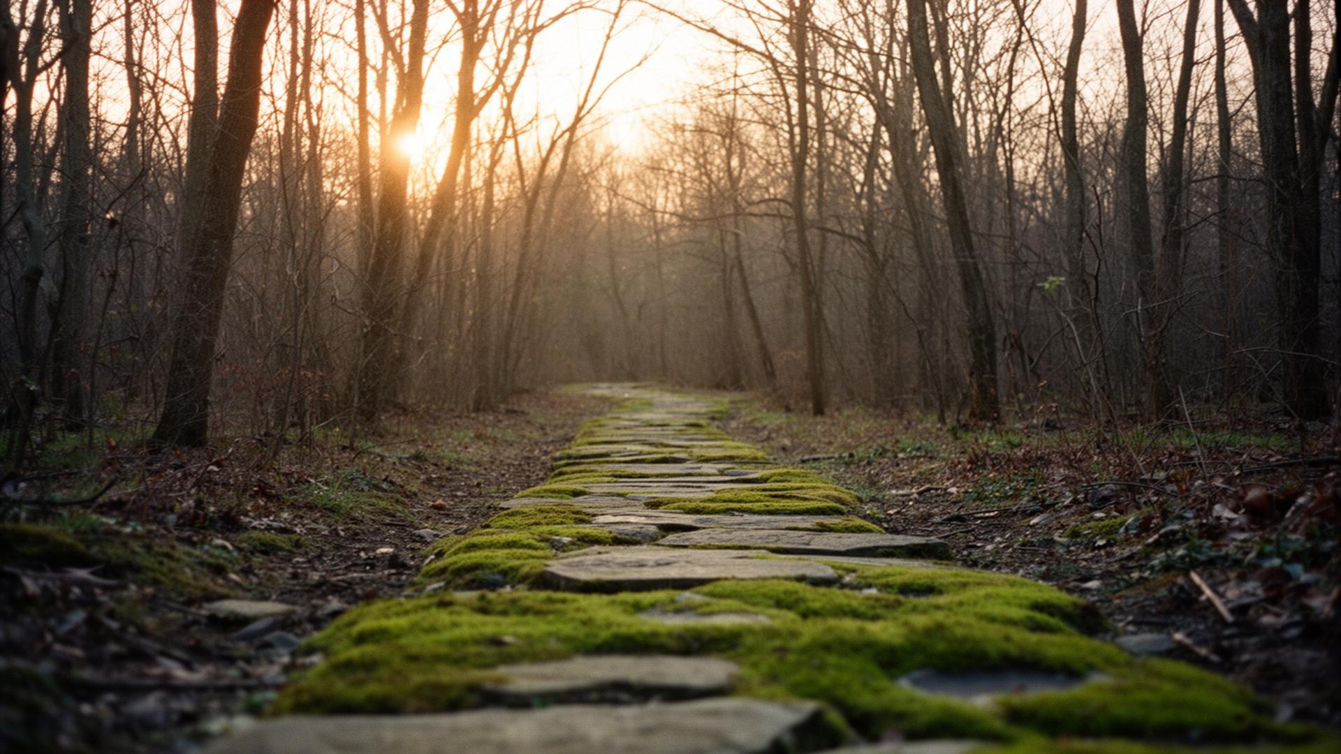 A moss-covered stone path winding through a quiet forest at dawn