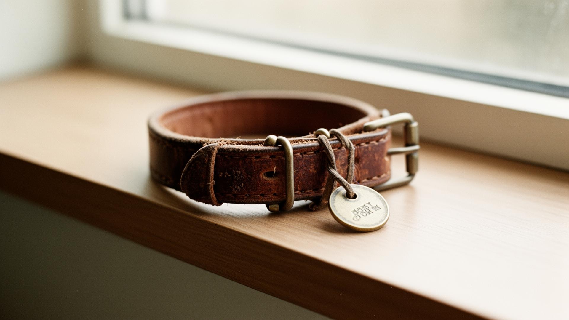 A worn leather collar with a small tag resting on a wooden windowsill in morning light
