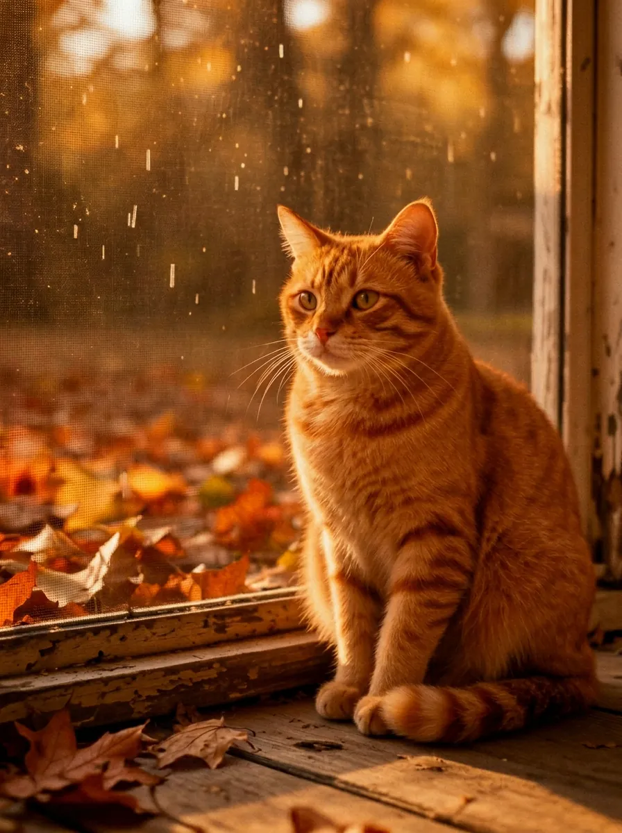 Painterly illustration of Meeko, an orange tabby cat, sitting calmly on a worn wooden porch surrounded by autumn leaves in warm late-day light