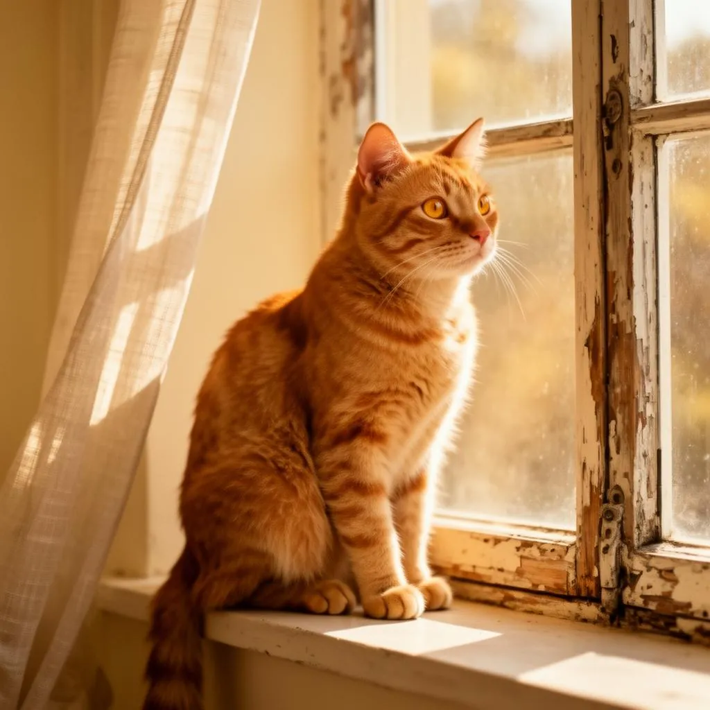 Painterly illustration of Meeko, an orange tabby cat with warm ginger fur and calm green eyes, sitting on a sunlit windowsill looking quietly outward in soft afternoon light