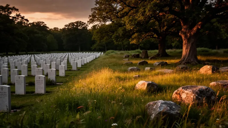 An open wildflower meadow with a single stone marker, quiet and unmanicured