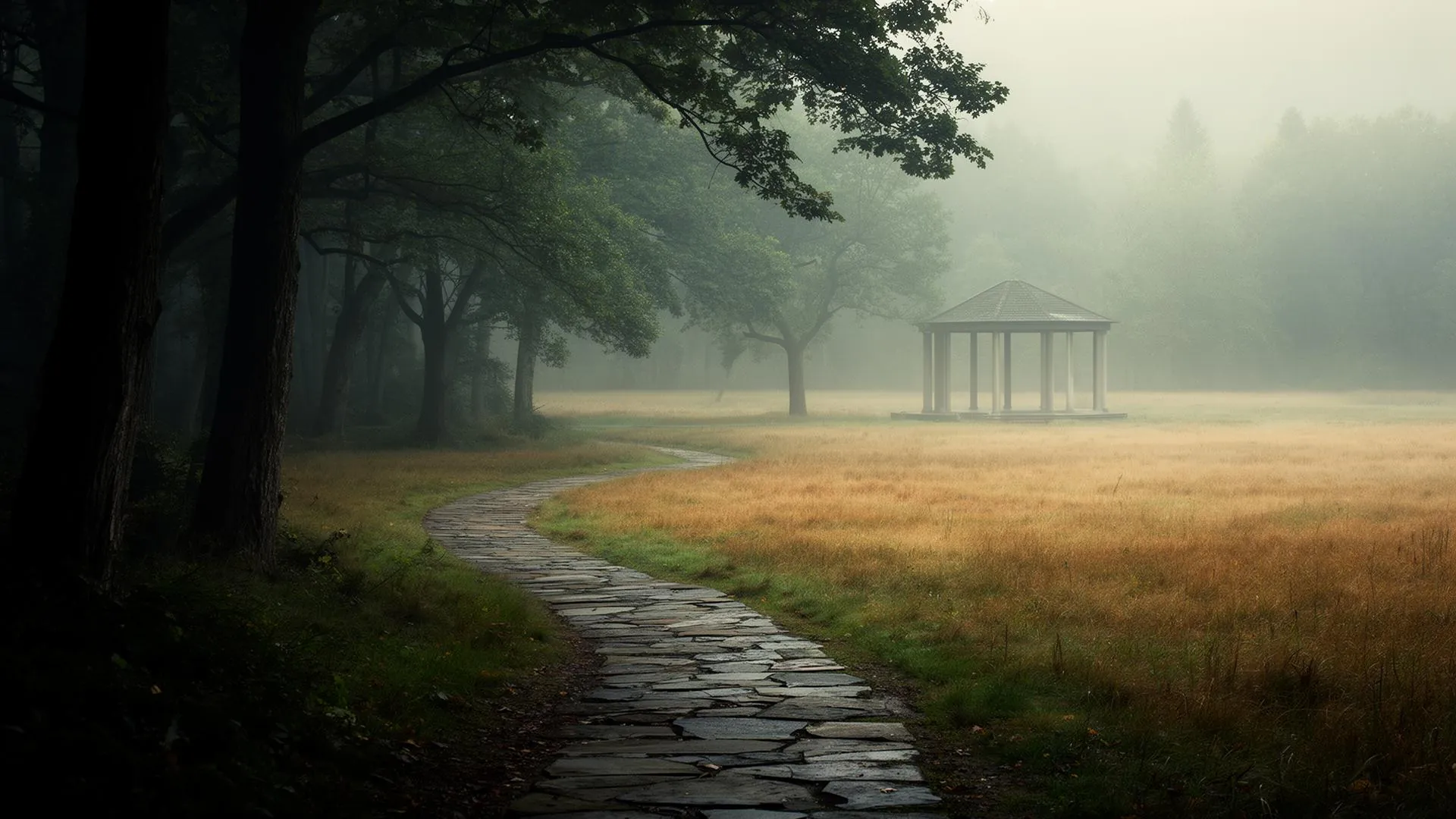 A winding stone path through a contemplative landscape garden