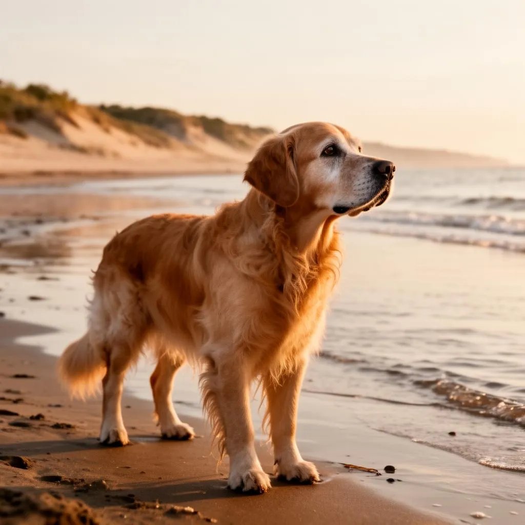 Painterly illustration of Sam, a senior golden retriever, standing at the edge of a calm New England shoreline at golden hour with soft waves and muted dunes behind him
