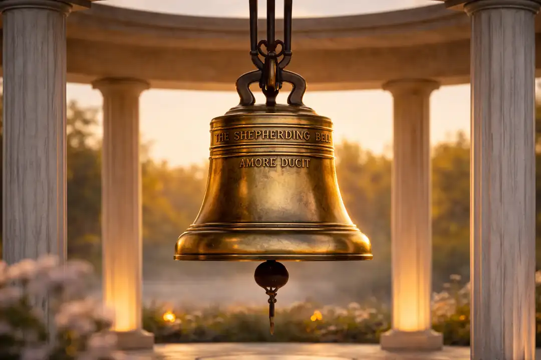 A bronze bell hanging in an open-air stone pavilion at dusk